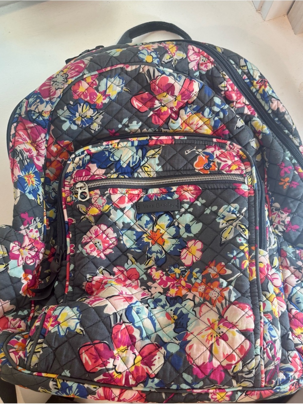 Vera Bradley Gray Quilted Floral Backpack with Pink & Blue Blooms